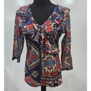 Ralph Lauren Red and Blue Patterned Ruffle Top